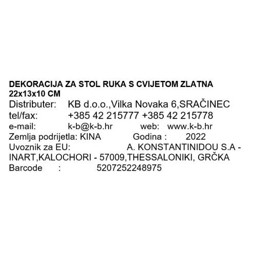 DEKORACIJA ZA STOL RUKA S CVIJETOM ZLATNA 22x13x10 CM