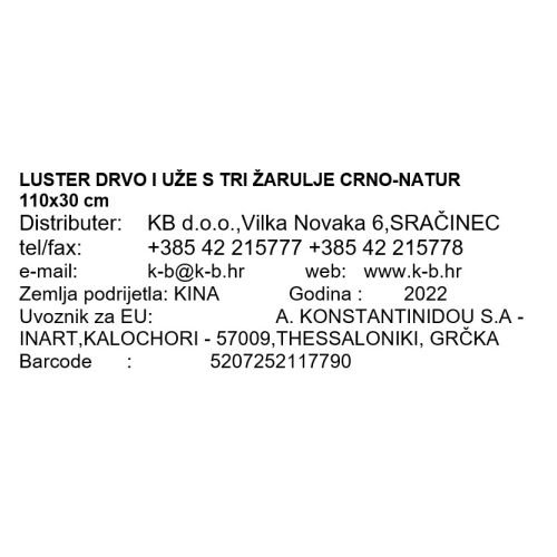 LUSTER DRVO I UŽE S TRI ŽARULJE CRNO-NATUR 110x30 cm