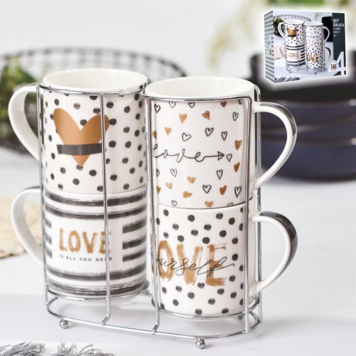 PORCULANSKE ŠALICE DEKORIRANE NEW BONE 280 ML 4/1 NA METALNOM STALKU - LOVE