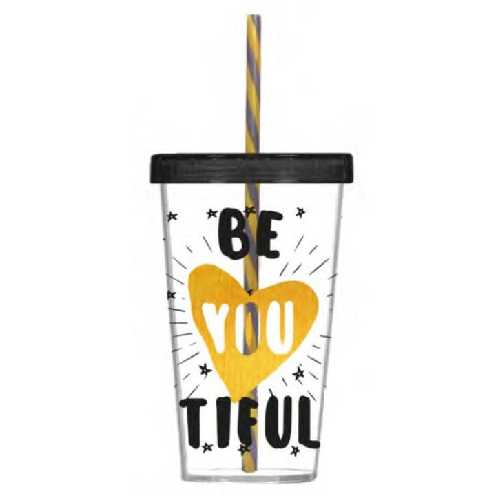 DJEČJA ČAŠA S NATPISOM BEAUTIFUL 660 ML - POKLOPAC I SLAMKA PVC