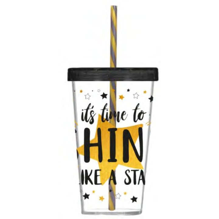 ČAŠA S NATPISOM SHINE 660 ML - POKLOPAC I SLAMKA PVC
