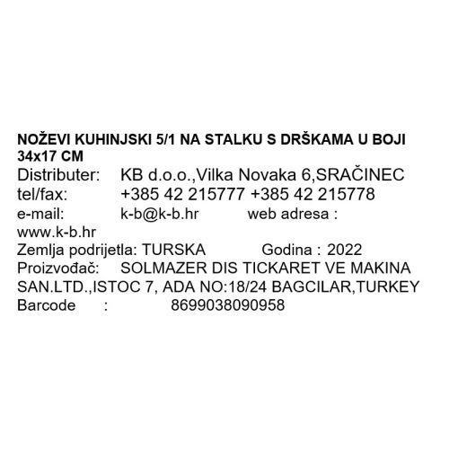 NOŽEVI KUHINJSKI 5/1 NA STALKU S DRŠKAMA U BOJI 34x17 CM
