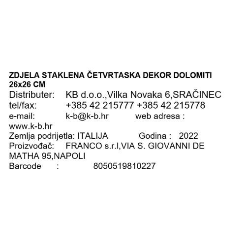 ZDJELA STAKLENA ČETVRTASTA DEKOR DOLOMITI 26x26