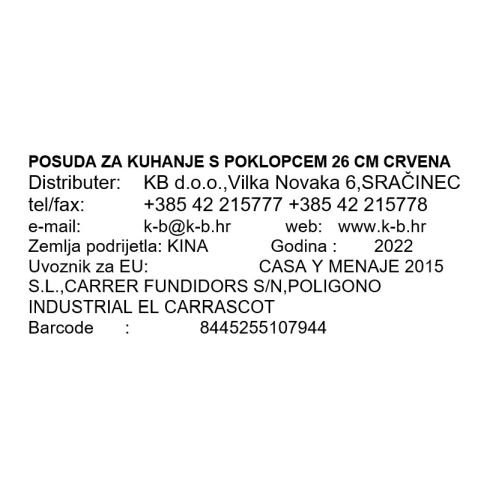 POSUDA ZA KUHANJE S POKLOPCEM 26 CM CRVENA INDUKCIJSKA