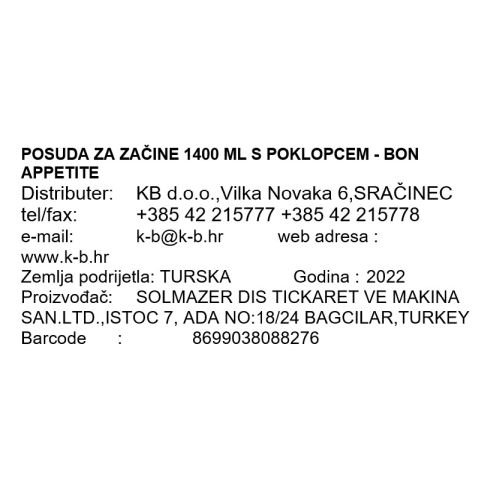 POSUDA ZA ZAČINE 1400 ML S POKLOPCEM - BON APPETITE