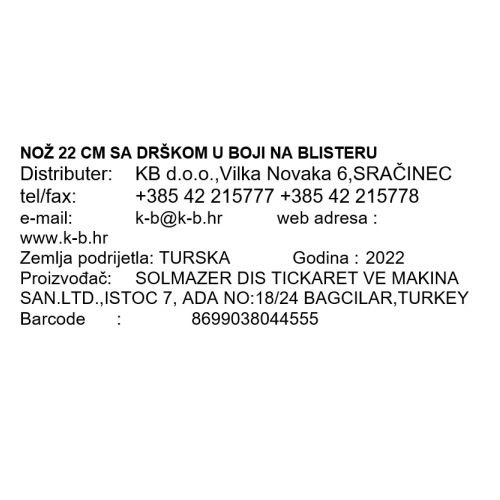 NOŽ 22 CM SA DRŠKOM U BOJI NA BLISTERU