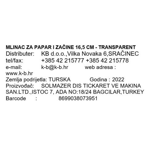 MLINAC ZA PAPAR I ZAČINE 16,5 CM - TRANSPARENT