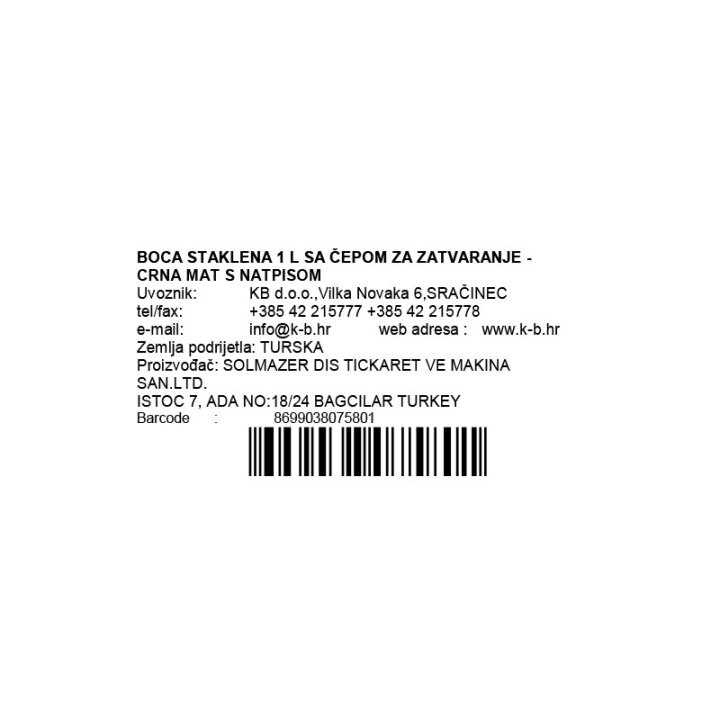BOCA STAKLENA 1 L SA ČEPOM ZA ZATVARANJE - CRNA MAT S NATPISOM