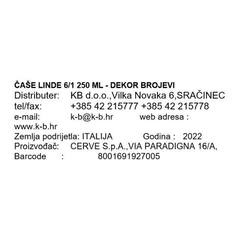 ČAŠE LINDE 6/1 250 ML - DEKOR BROJEVI
