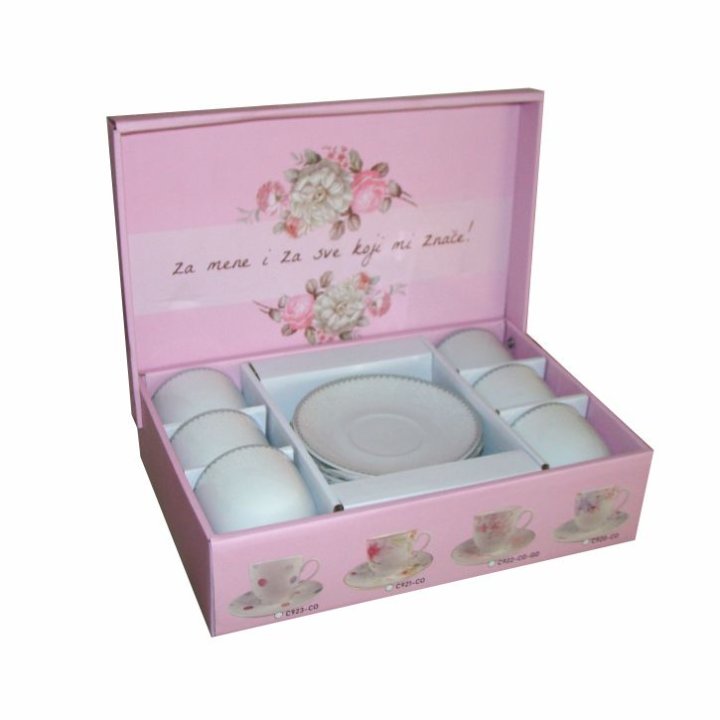 ŠALICE ZA KAVU S TANJURIĆIMA 6/1 PORCULAN 180 ML - PLATINASTI DEKOR