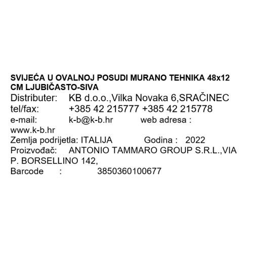 SVIJEĆA U OVALNOJ POSUDI MURANO TEHNIKA 48x12 CM LJUBIČASTO-SIVA