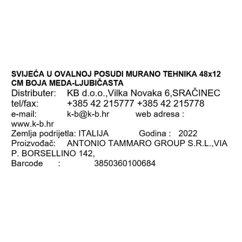 SVIJEĆA U OVALNOJ POSUDI MURANO TEHNIKA 48x12 CM BOJA MEDA-LJUBIČASTA