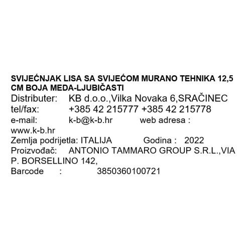 SVIJEĆNJAK LISA SA SVIJEĆOM MURANO TEHNIKA 12,5 CM BOJA MEDA-LJUBIČASTI