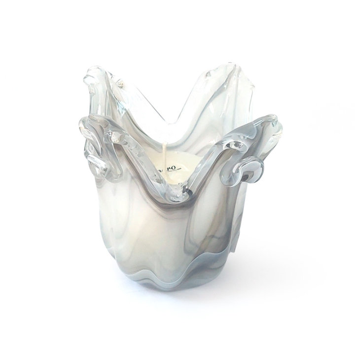 SVIJEĆNJAK LISA SA SVIJEĆOM MURANO TEHNIKA 12,5 CM BIJELO-SIVI