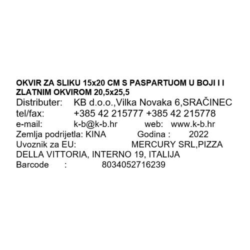 OKVIR ZA SLIKU 15x20 CM S PASPARTUOM U BOJI I I ZLATNIM OKVIROM 20,5x25,5 CM
