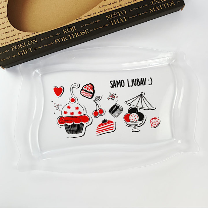 TACNA PATISSERIE STAKLENA 34x22cm S TISKOM Samo ljubav U POKLON KUTIJI