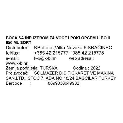 BOCA SA INFUZEROM ZA VOĆE I POKLOPCEM U BOJI 650 ML SORT