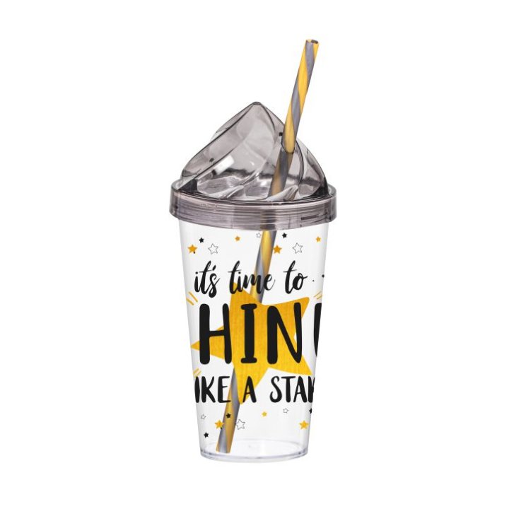 ČAŠA SA SLAMKOM I NATPISOM SHINE 660 ML - POKLOPAC PVC