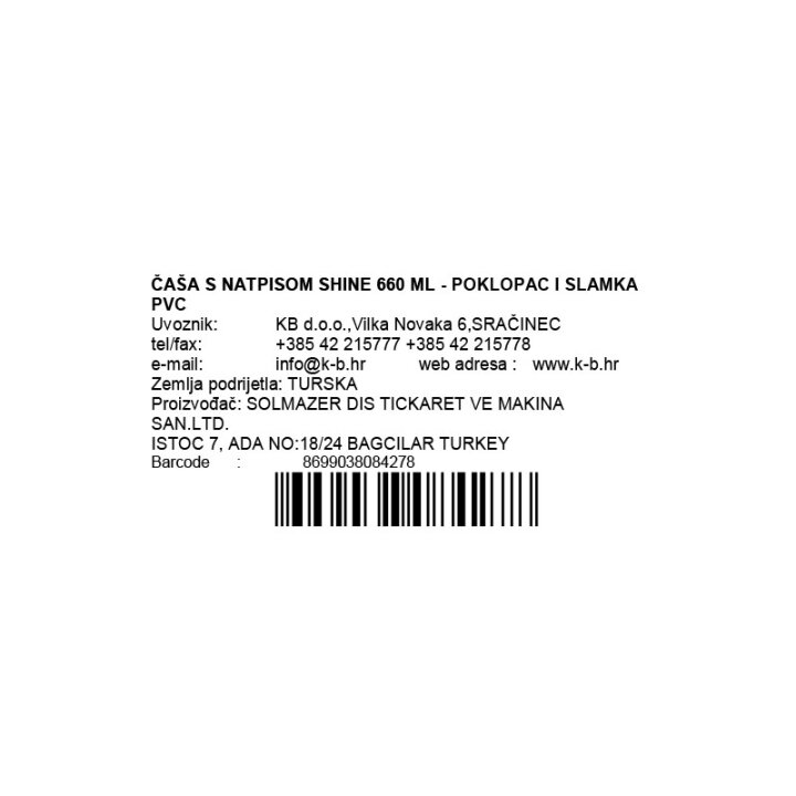 ČAŠA SA SLAMKOM I NATPISOM SHINE 660 ML - POKLOPAC PVC