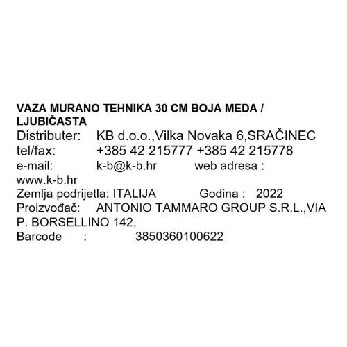 VAZA MURANO TEHNIKA 30 CM BOJA MEDA / LJUBIČASTA