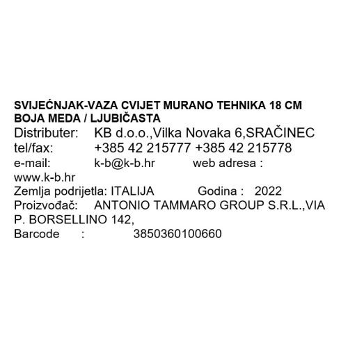 SVIJEĆNJAK - VAZA CVIJET MURANO TEHNIKA 18 CM BOJA MEDA / LJUBIČASTA