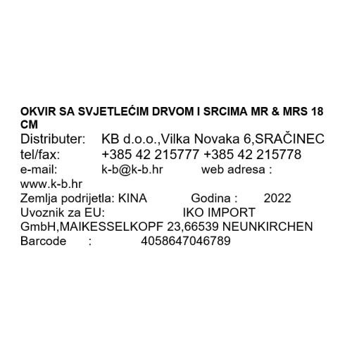OKVIR SA SVJETLEĆIM DRVOM I SRCIMA MR & MRS 18 CM