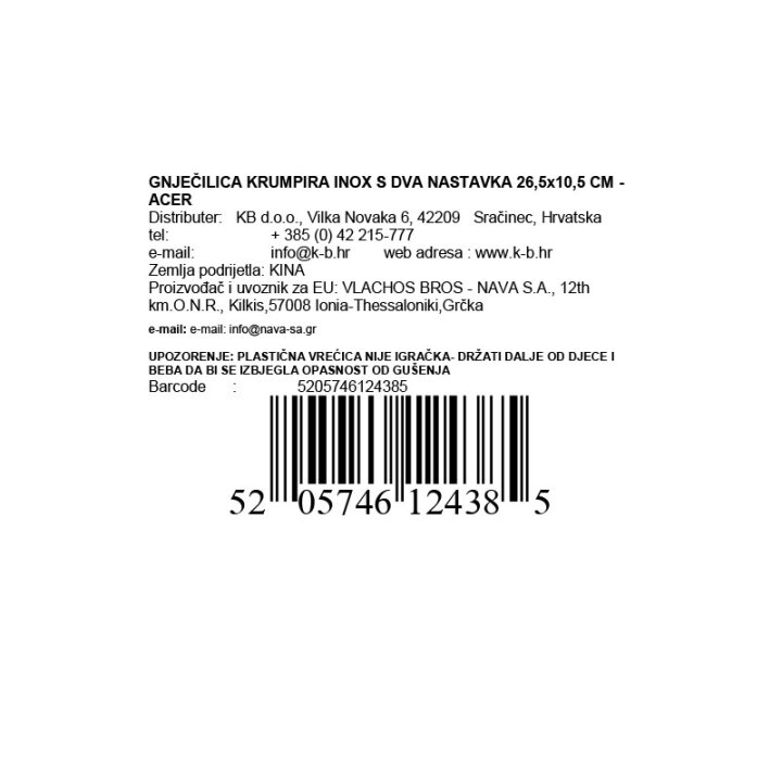 GNJEČILICA KRUMPIRA INOX S DVA NASTAVKA 26,5x10,5 CM - ACER