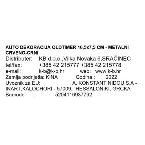 AUTO DEKORACIJA OLDTIMER - METALNI CRVENO-CRNI