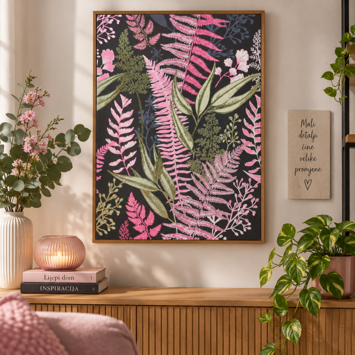 SLIKA ZIDNA CANVAS ROZI I ZELENI LISTOVI 50x70 CM
