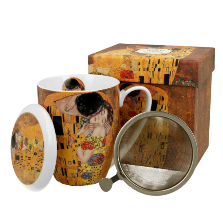 ŠALICA PORCULANSKA 380 ML S POKLOPCEM I INFUZOROM - THE KISS BY GUSTAV KLIMT