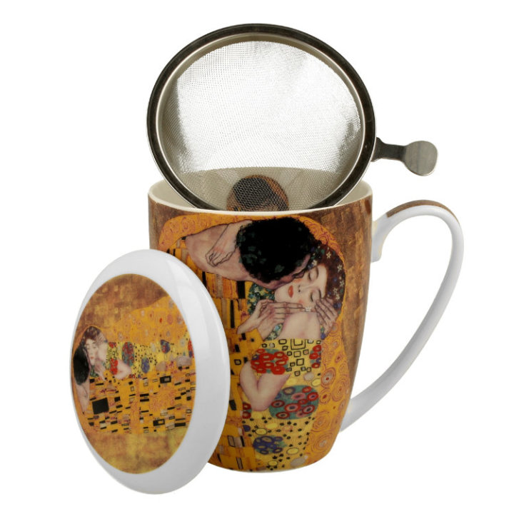 ŠALICA PORCULANSKA 380 ML S POKLOPCEM I INFUZOROM - THE KISS BY GUSTAV KLIMT