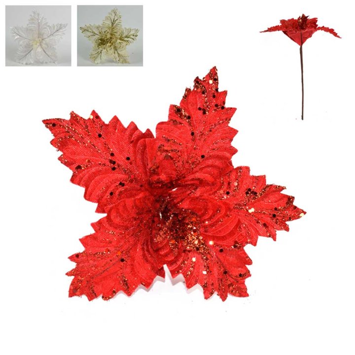 CVIJET ZVIJEZDA DEKORATIVNA 28 CM CRVENA / SREBRNA / ZLATNA S GLITERIMA