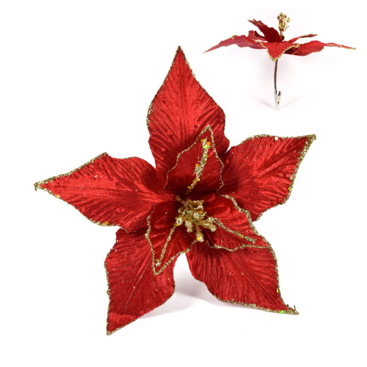 CVIJET ZVIJEZDA DEKORATIVNA 22 CM CRVENO-ZLATNA S GLITERIMA