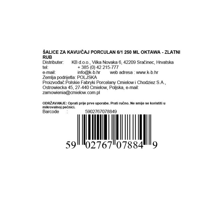 ŠALICE ZA KAVU/ČAJ PORCULAN 6/1 250 ML OKTAWA - ZLATNI RUB