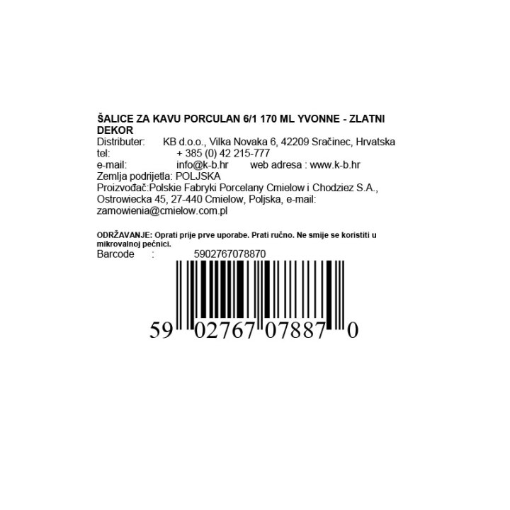 ŠALICE ZA KAVU PORCULAN 6/1 170 ML YVONNE - ZLATNI DEKOR