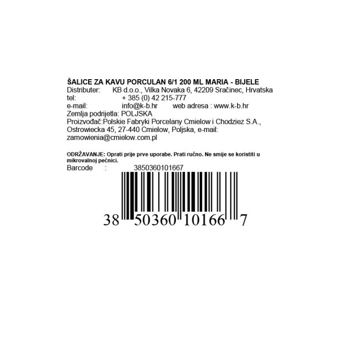 ŠALICE ZA KAVU PORCULAN 6/1 200 ML MARIA - BIJELA