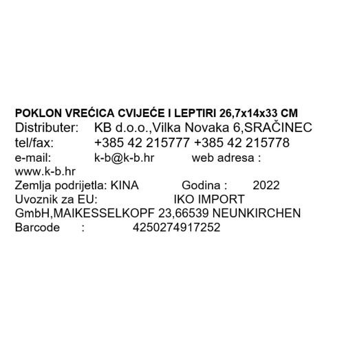 POKLON VREĆICA CVIJEĆE I LEPTIRI 26,7x14x33 CM
