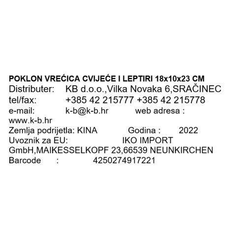 POKLON VREĆICA CVIJEĆE I LEPTIRI 18x10x23 CM