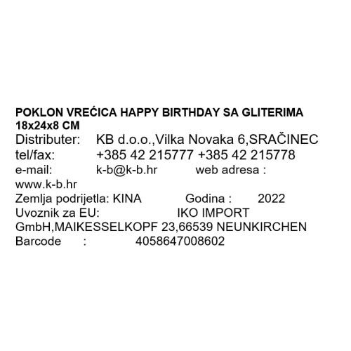POKLON VREĆICA HAPPY BIRTHDAY SA GLITERIMA 18x24x8 CM