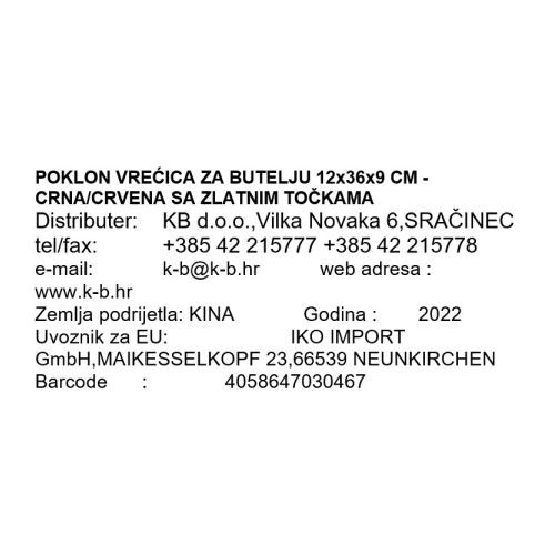 POKLON VREĆICA ZA BUTELJU 12x36x9 CM - CRNA/CRVENA SA ZLATNIM TOČKAMA