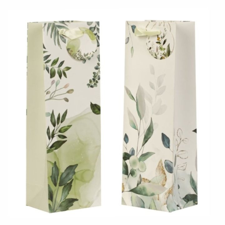 POKLON VREĆICA ZA BUTELJU 12x36x9 CM - DEKOR LISTOVI I CVJETOVI - SORT