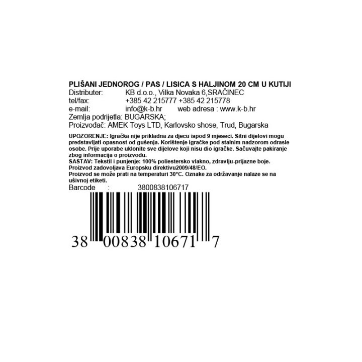 PLIŠANI JEDNOROG / PAS / LISICA S HALJINOM 20 CM U KUTIJI