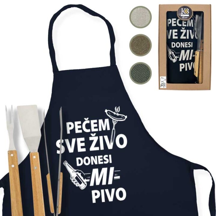 SET ZA ROŠTILJ U POKLON KUTIJI - INOX PRIBOR + PREGAČA  Pečem sve živo