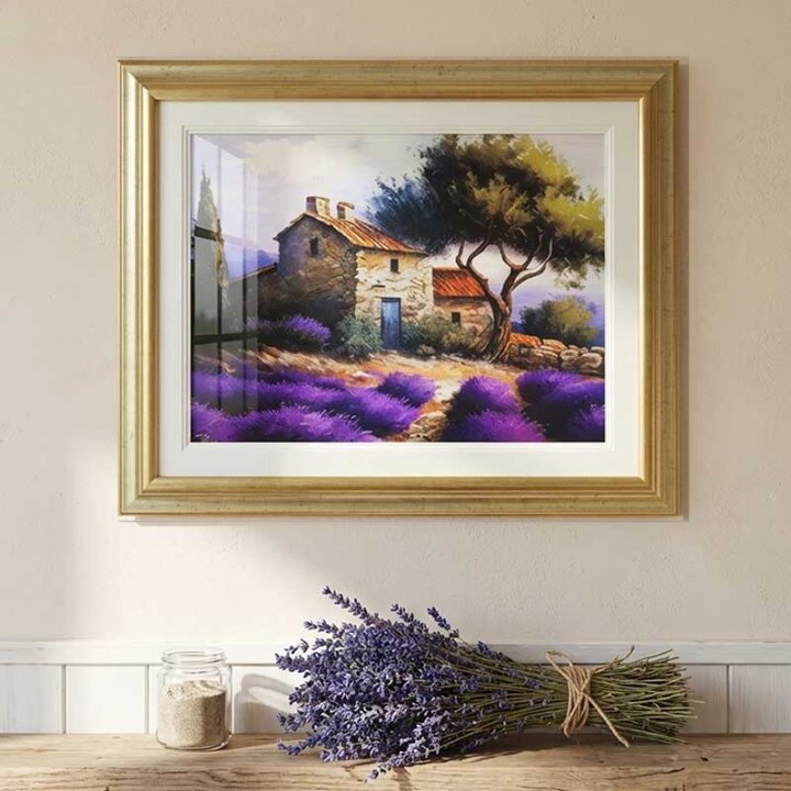 ZIDNA SLIKA UOKVIRENA - LAVANDA I KAMENA KUĆA 54x44