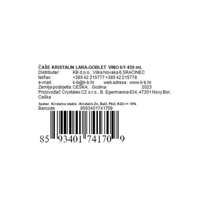 ČAŠE ZA VINO KRISTALIN LARA-GOBLET 6/1 450 mL