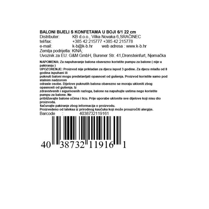 BALONI BIJELI S KONFETAMA U BOJI 6/1 22 cm
