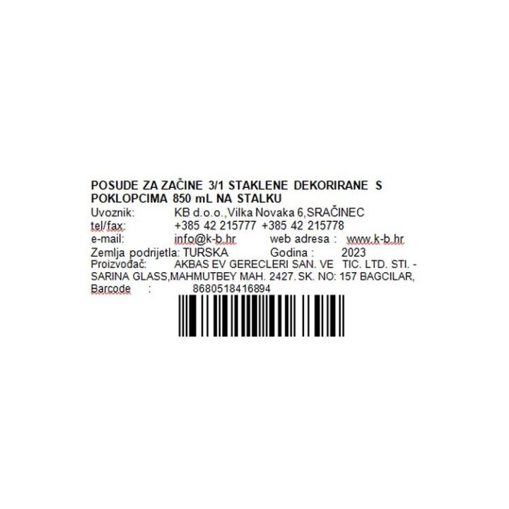 POSUDE ZA ZAČINE 3/1 STAKLENE DEKORIRANE S POKLOPCIMA 850 mL NA STALKU