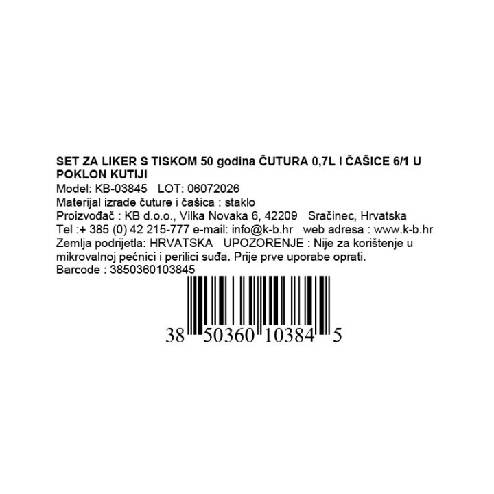 SET ZA LIKER S TISKOM 50 godina ČUTURA 0,7L I ČAŠICE 6/1 U POKLON KUTIJI