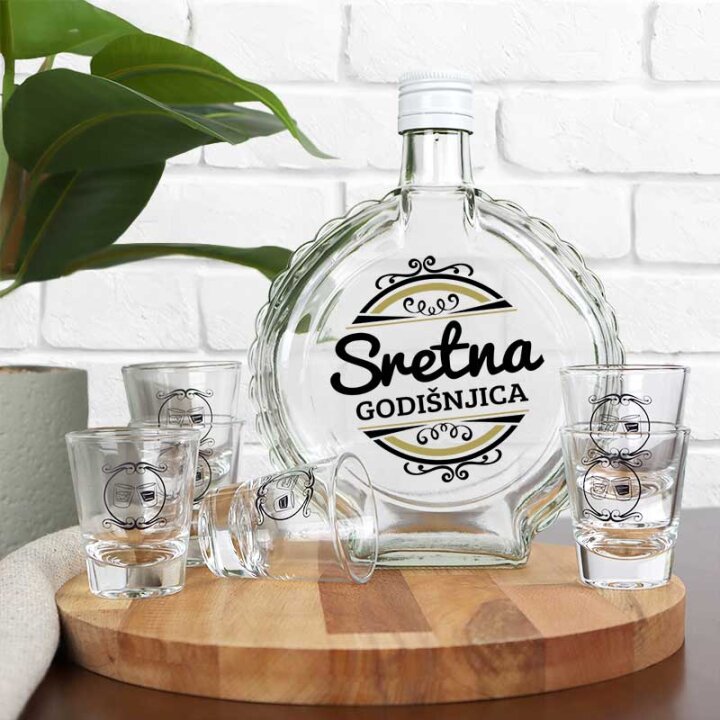 SET ZA LIKER S TISKOM Sretna godišnjica ČUTURA 0,7L I ČAŠICE 6/1