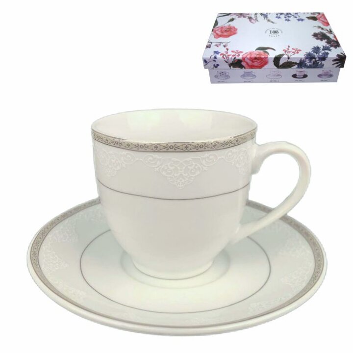 ŠALICE ZA KAVU S TANJURIĆIMA 6/1 PORCULAN 180 ML - SREBRNA LINIJA